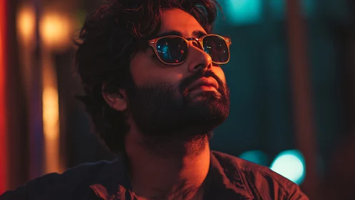 Bearded male subject in sunglasses under neon lighting.