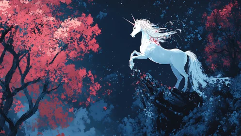 Luminous unicorn leaps above a twilight forest of red bloom