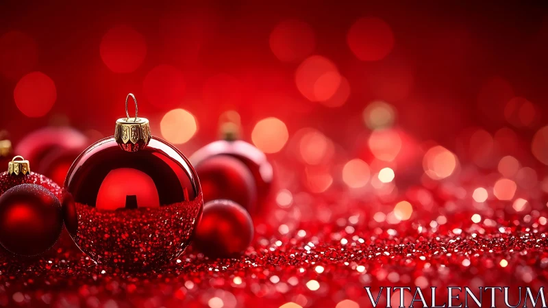 Red spherical ornaments on glittered surface in soft focus.