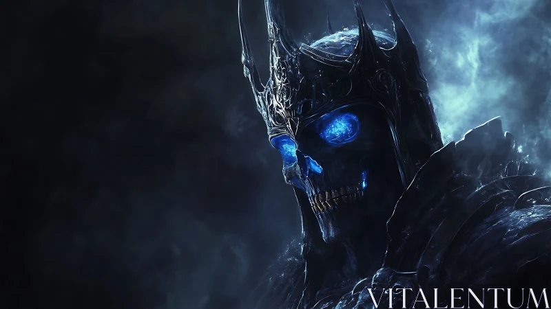 Crown‑armored necrotic warlord with bioluminescent gaze.