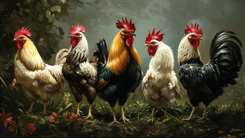 Six Roosters in Farm Setting.