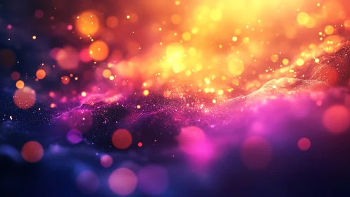 Vibrant glowing particles over abstract cosmic waves.