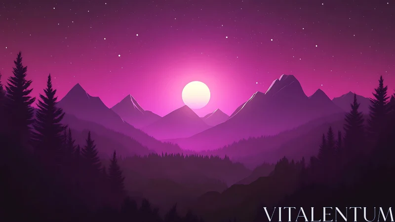 Violet mountain valley under stylized moonlit night sky.