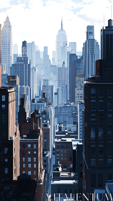 Sunlit canyon of steel and brick in quiet blue hush.