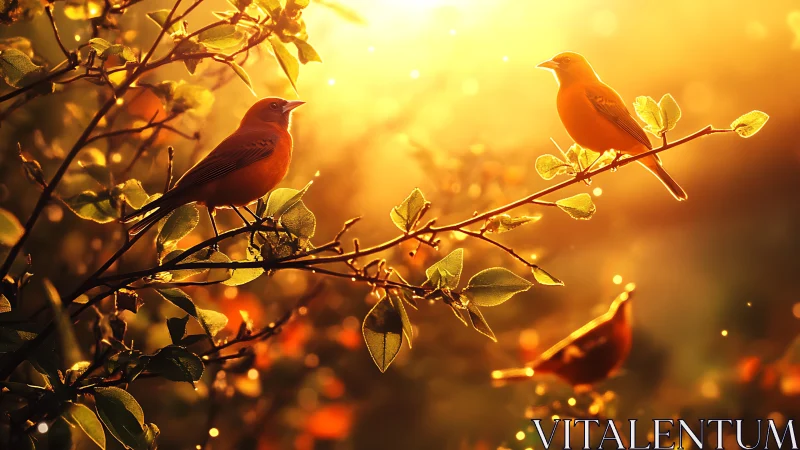 Vibrant songbirds perched on sunlit branches, golden hour glow.