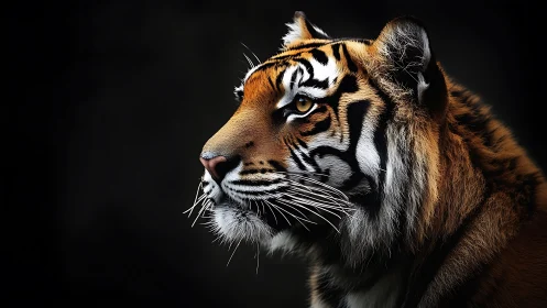 Side-lit tiger portrait isolates detailed fur texture against black