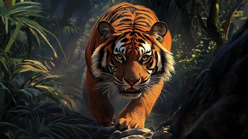 Photorealistic tiger stalking through dense jungle light.