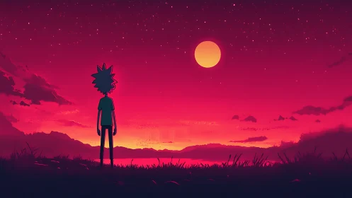 Silhouetted cartoon figure observing vivid red night sky.