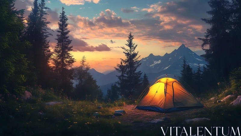 Glowing mountain camp tent under vivid alpine sunset sky.