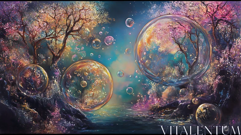 Glowing dreamlike forest floats with crystal bubbles above water