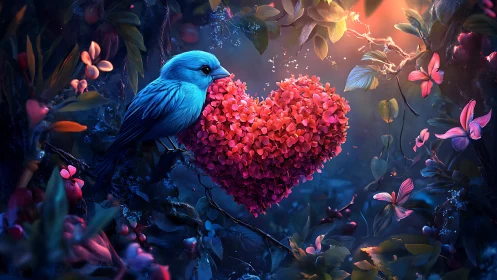 Blue Bird and Glowing Heart-Shaped Flowers in Enchanted Forest.