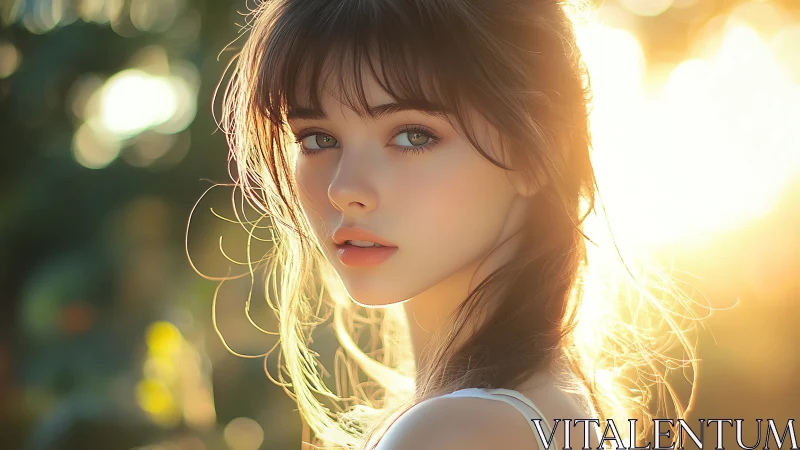 Sunlit portrait of a young woman in dreamy golden glow.