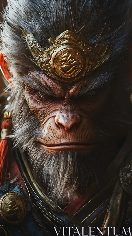 Rendered close-up depicts armored simian warrior face