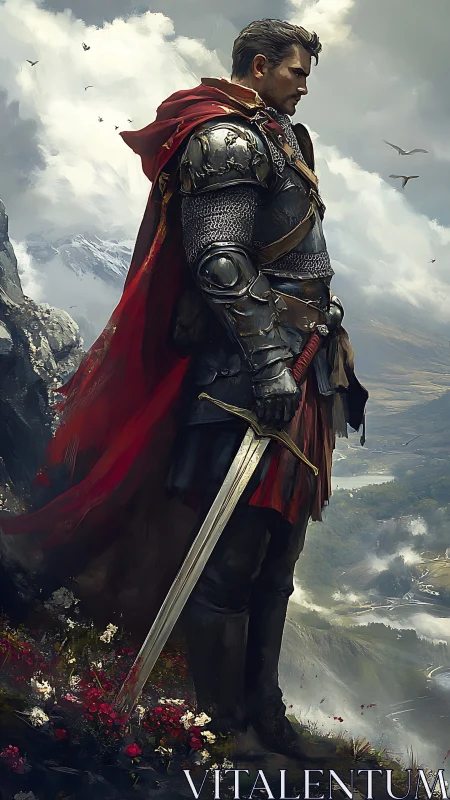 Lone armored knight broods on a stormlit mountain ridge