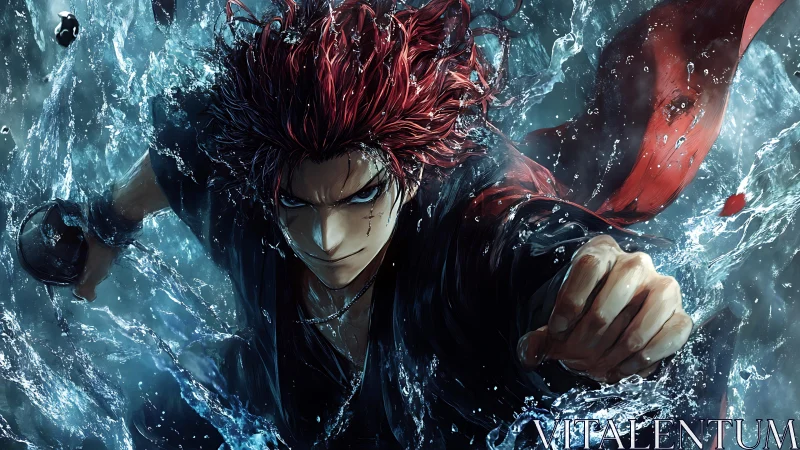 Red-haired anime warrior charges through crashing water.