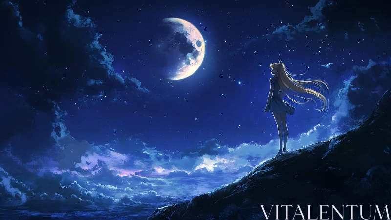 Solitary anime girl studies luminous crescent moonlit sky