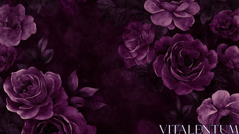 Deep purple roses bloom in moody botanical darkness