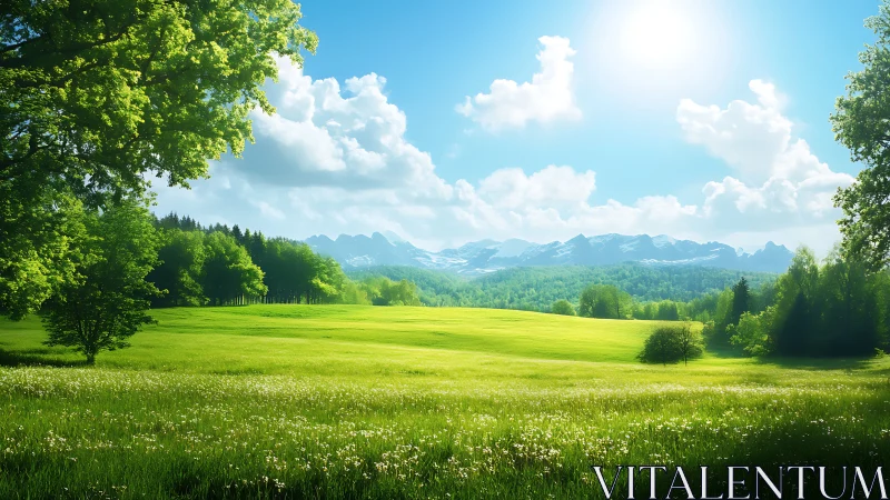 Sunlit alpine meadow spreads beneath distant blue ridges.
