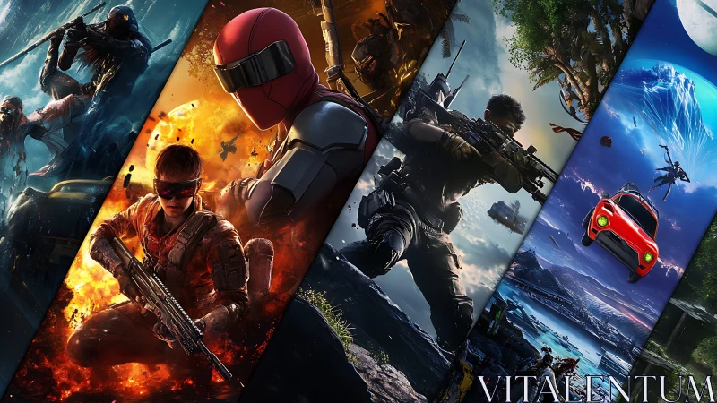 Multigenre tactical and sci‑fi worlds in segmented digital montage.