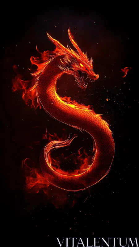 Fiery serpent dragon coils upward through black void