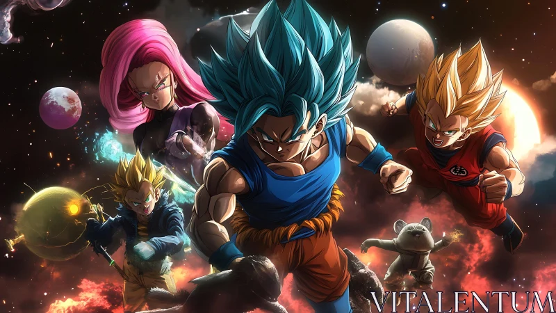 Cosmic warriors ignite a blazing charge through shattered skies.