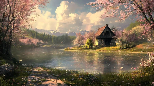 Lakeside house framed by blooming cherry trees at sunset