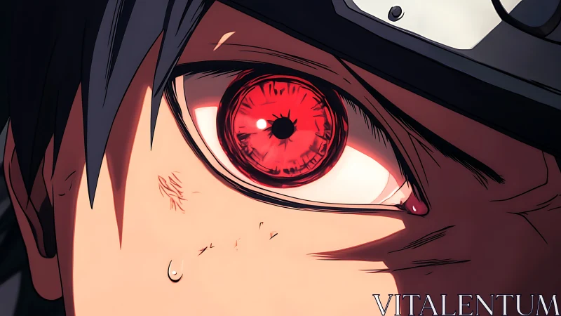 Close-up illustration of red anime eye with headband detail.