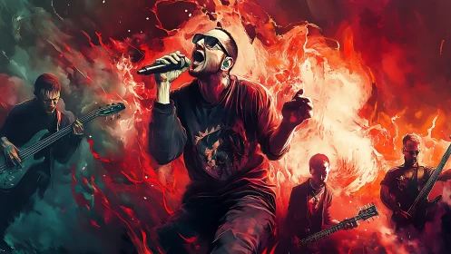 Rock vocalist and band surrounded by vivid red stage flames