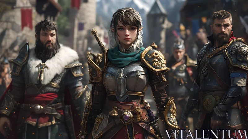 Elf commander stands resolute among armored allies at dawn