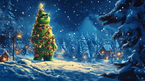 Grinch-like tree creature under glowing snowy Christmas sky.