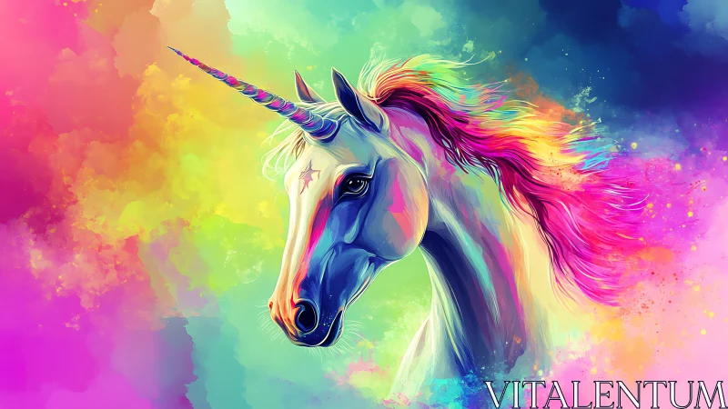 Vibrant digital unicorn portrait emerges in prismatic neon clouds