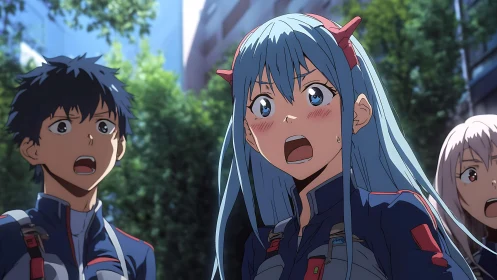 Shocked anime cadets react to unseen threat in city courtyard