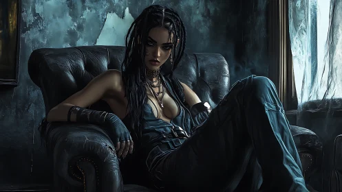 Moody cyberpunk woman reclines in a dark leather armchair