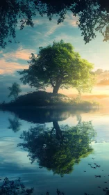 Isolated lakeside tree with symmetric atmospheric reflection.