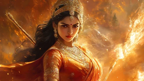 Flame-crowned warrior goddess in incandescent digital armor.