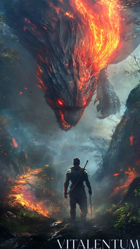 Armored swordsman confronting colossal molten-fire dragon