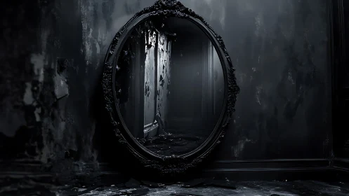 Haunting antique mirror inviting quiet, shadowy reflection.