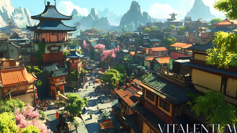 Sunlit mountain town with layered pagodas and blossoms.