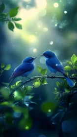 Gentle blue songbirds sharing quiet magic at twilight.