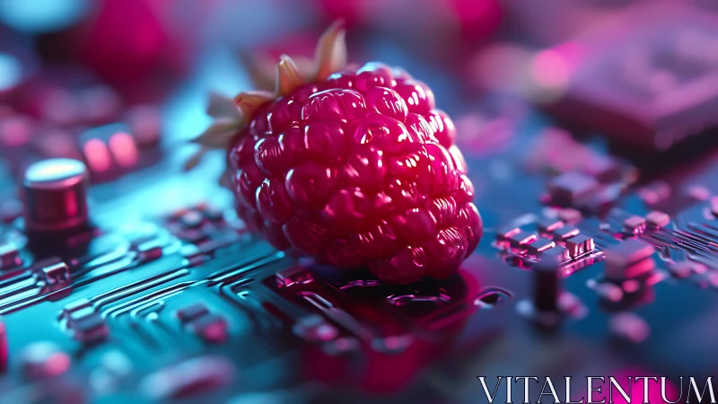 Raspberry macro resting on neon-lit electronic circuit board.