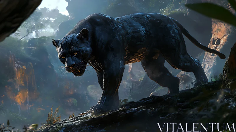 Black Panther Rendered in Cinematic Environment with Volumetric Light and Limestone Formations