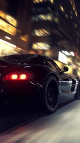 Rear three quarter view sports car in motion, urban night street