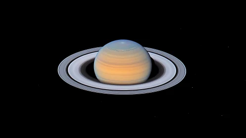 Saturn rings glow under deep black interstellar void.