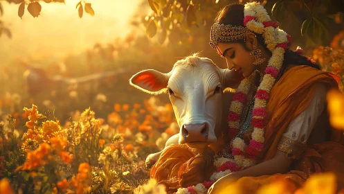 Woman in traditional attire with cow in flower field at dusk.
