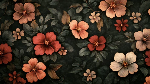 Botanical Floral Pattern: Red and Coral Blossoms on Dark Ground.