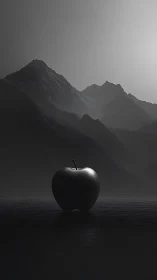 Monochrome photoreal apple against misted alpine massif.