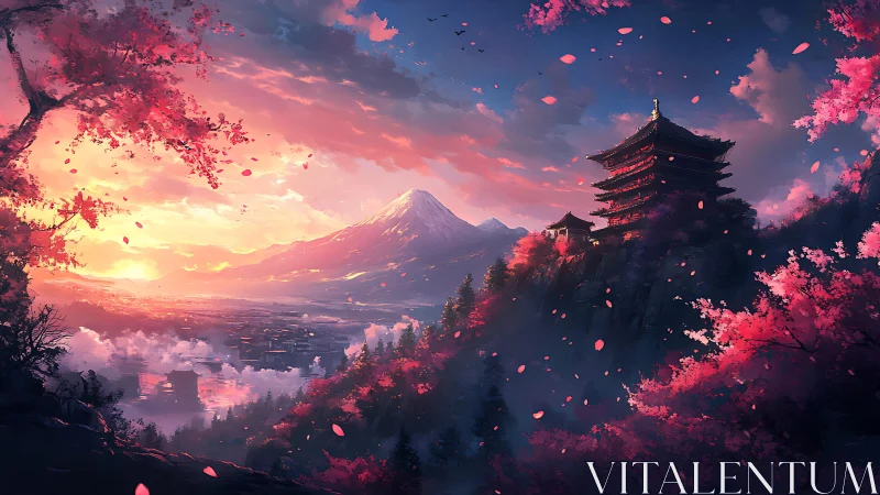 Sunset illuminates mountain temple amid vivid cherry blossoms