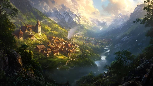 Sunlit medieval valley village overlooks winding river gorge