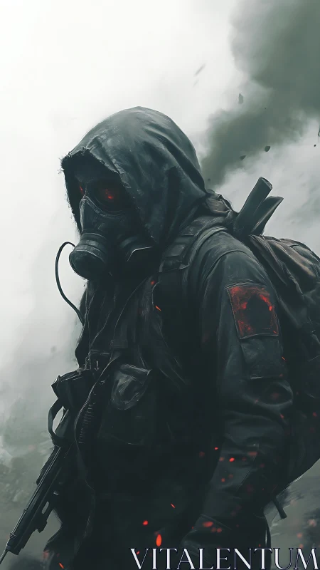 Post-apocalyptic soldier in gas mask with assault rifle in smoke