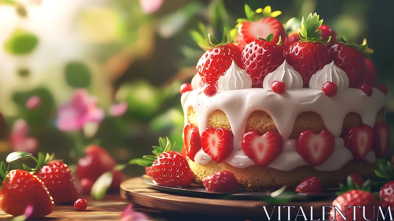 Strawberry Cake with Whipped Cream and Fresh Berries on Wooden Base